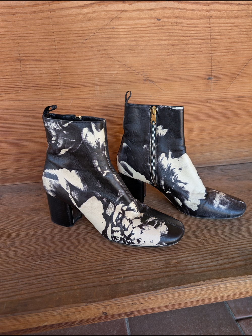 Paul Smith Portugal Abstract Floral Print Leather Zip Ankle Block Heel Boots 40